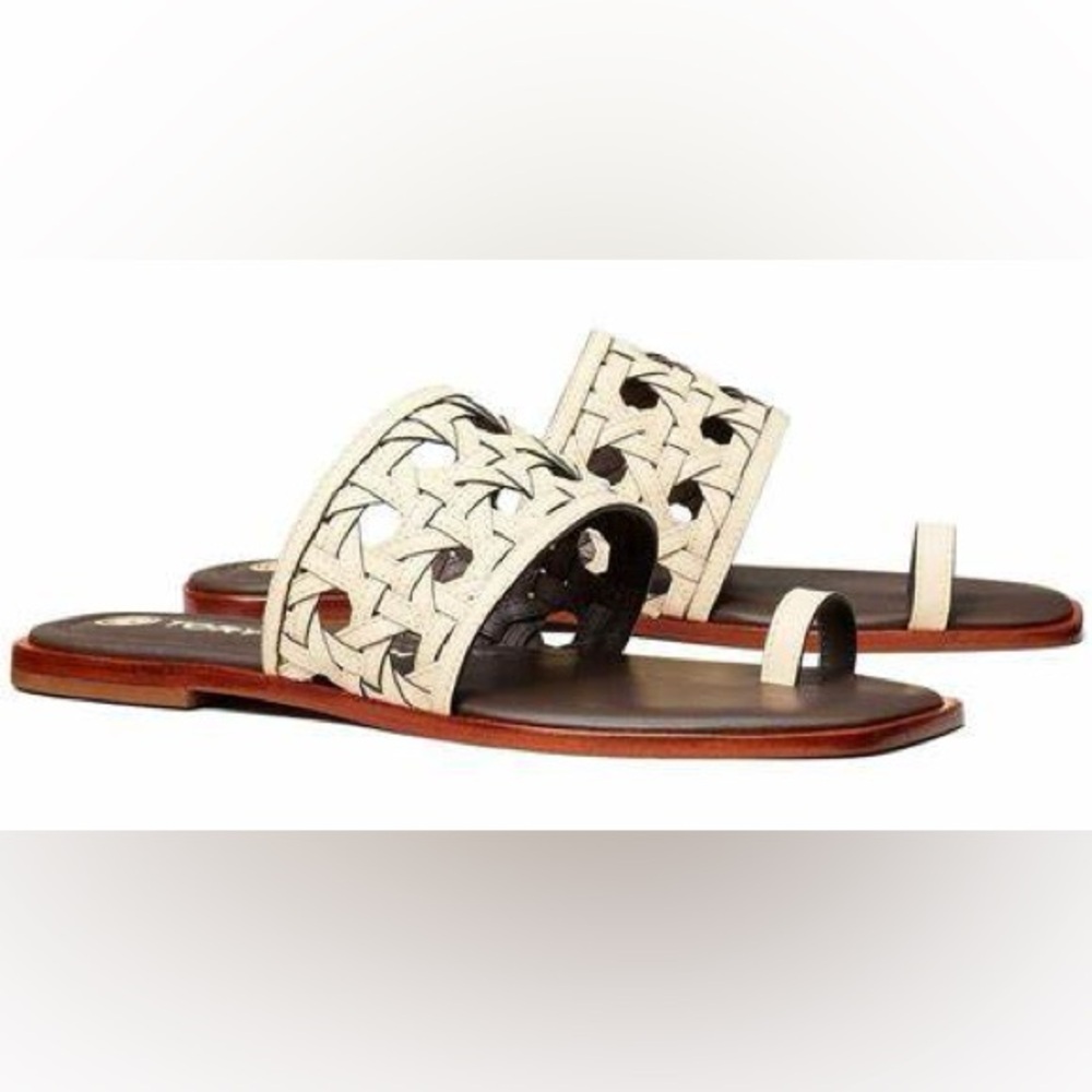 Tory Burch Cream Basket Weave Rattan Leather Flat Slide Sandals Size 6.5